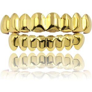 18K Gold Plated Gold Finish 8 Top Teeth 8 Bottom Tooth Hip Hop Mouth Grills Mens